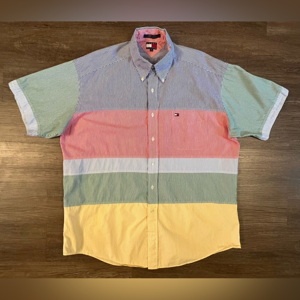 Tommy Hilfiger Mens Color Block Striped Button Down Shirt XL Vtg 90s Classic C32